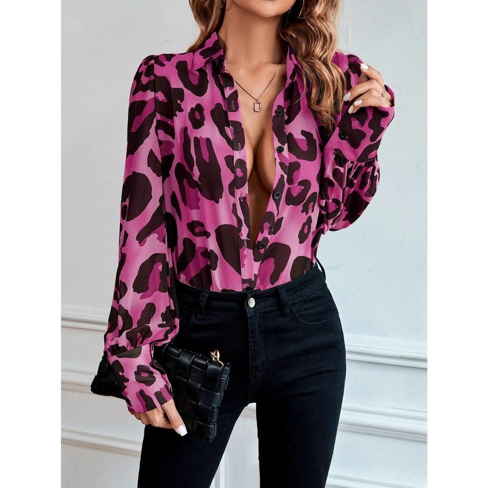 long sleeve Leopard Print Bishop Sleeve Chiffon Shirt tan - Picture 3 of 11